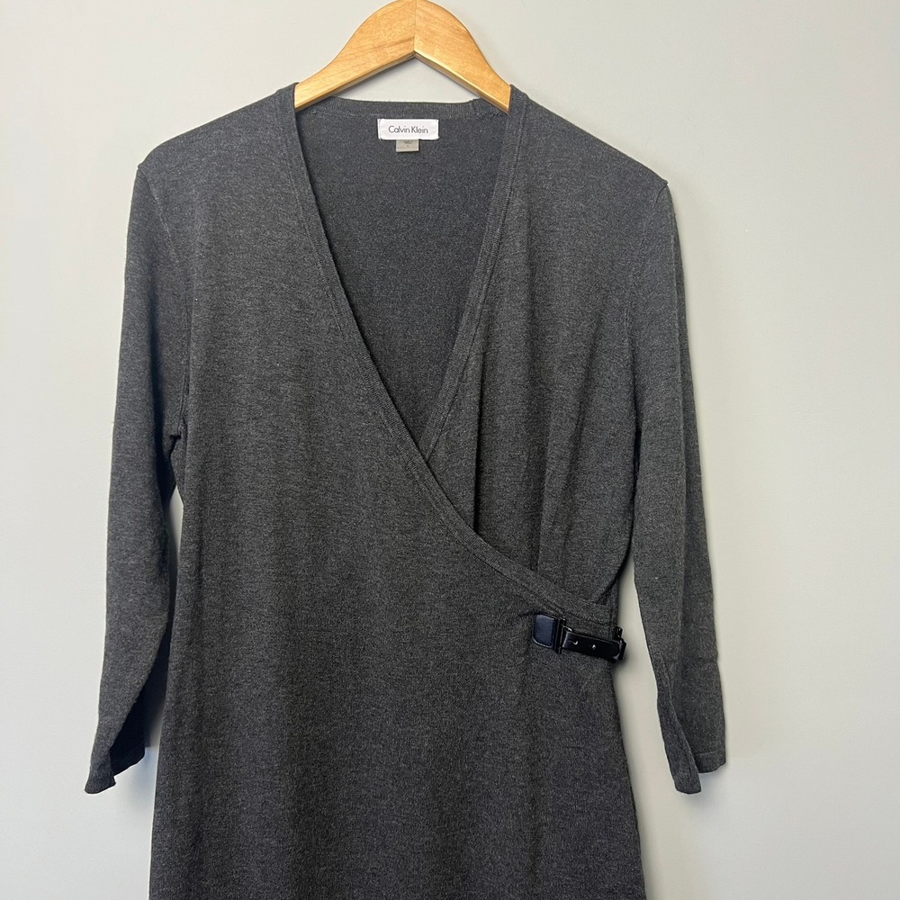 Calvin Klein Charcoal Gray Faux Wrap‎ Sweater Dress L Professional Minimalist - Picture 2 of 9